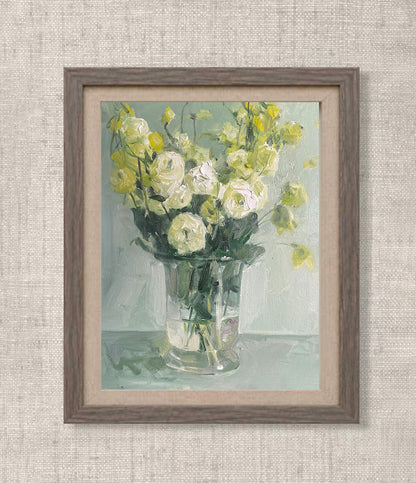 Original White Rose Still Life Oil Painting – Floral Vase Wall Art