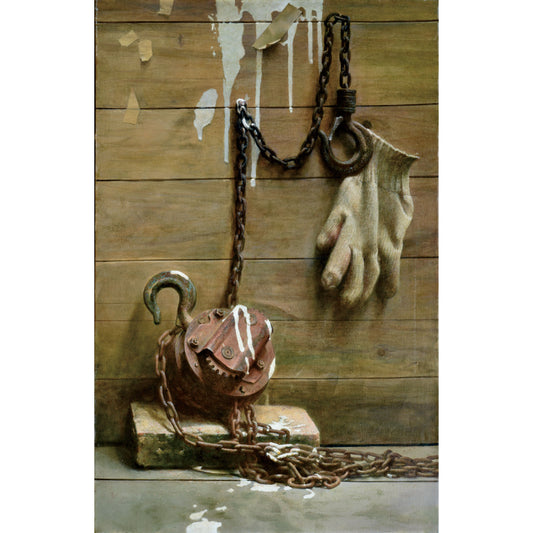 Original Still Life Oil Painting of Gloves and Chain – Industrial Wall Art