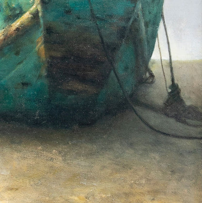 Original Oil Painting of Weathered Boat – Vertical Moody Coastal Wall Art