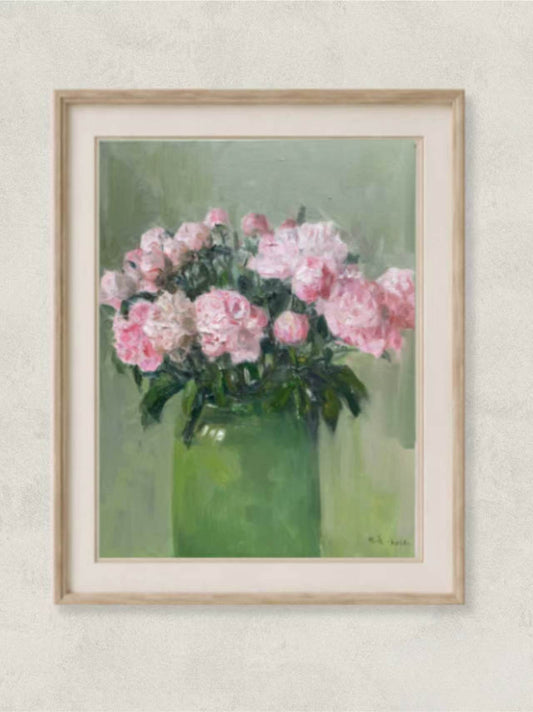 Pink Floral Still Life with Green Vase | Original Oil Painting