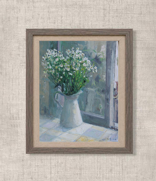 White Flowers by the Window | Original Still Life Oil Painting