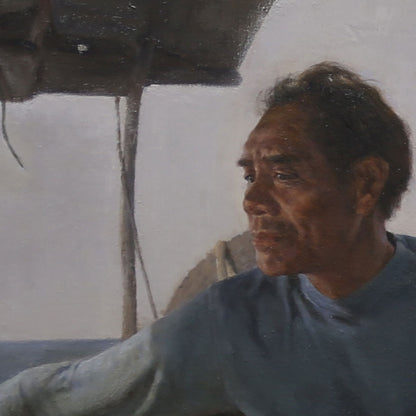Seated Man in a Boat Cabin | Original Figurative Oil Painting