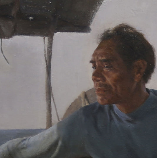 Seated Man Outdoors – Original Figurative Oil Painting by Yang Huaxi