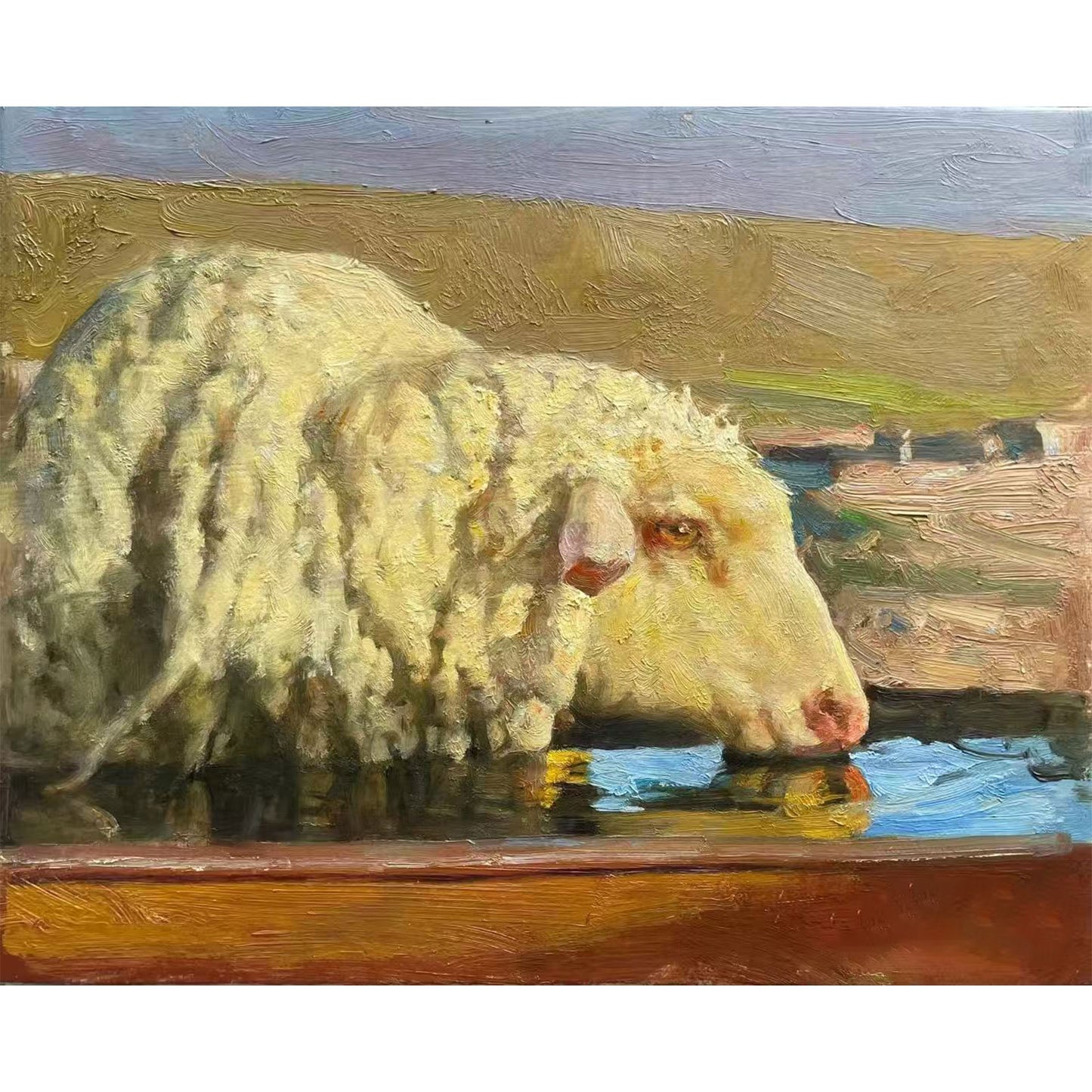 Original Oil Painting of Sheep Drinking Water – Pastoral Animal Wall Art