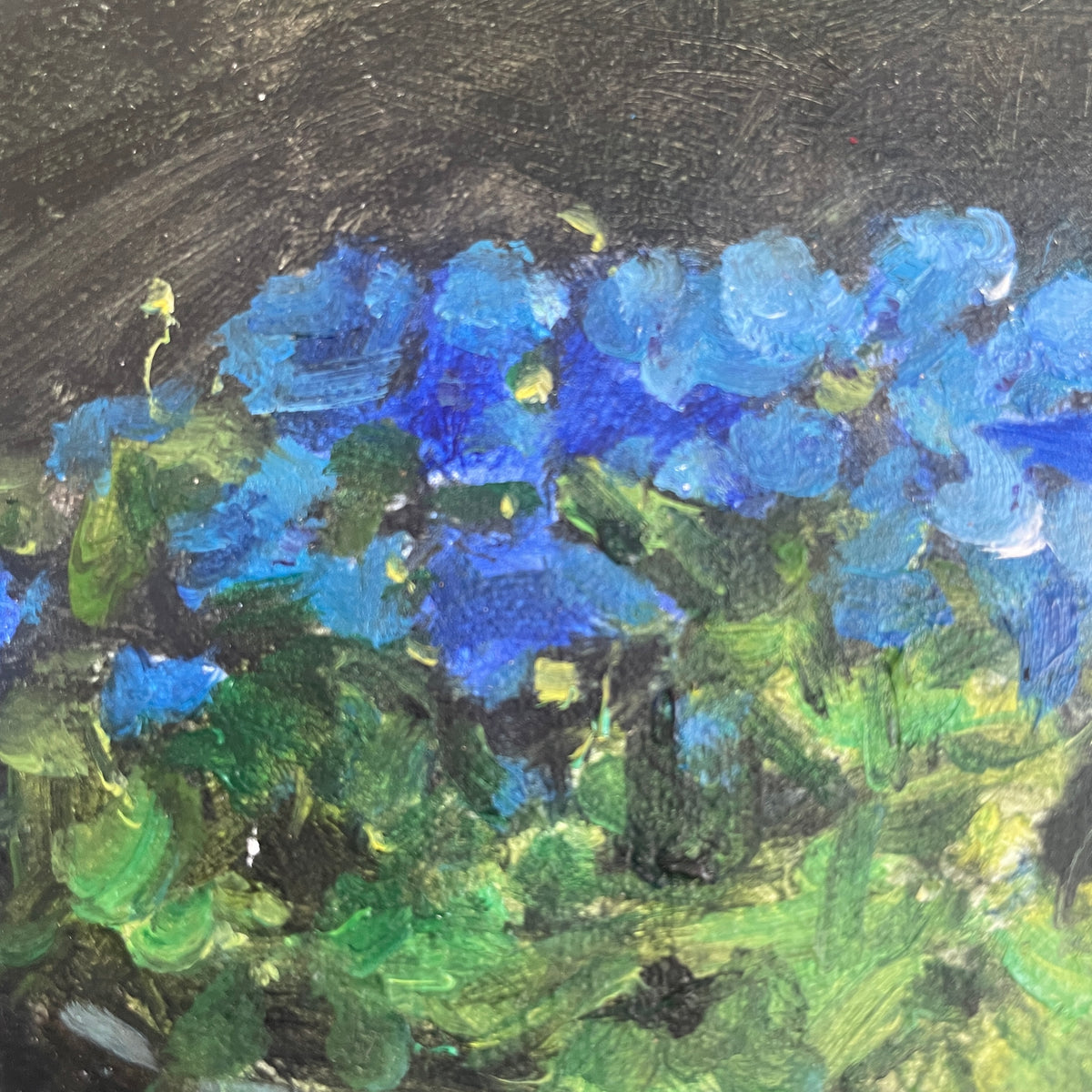 Blue Flowers in a Ceramic Pot – Original Floral Oil Painting
