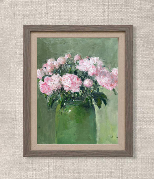 Pink Floral Still Life with Green Vase | Original Oil Painting
