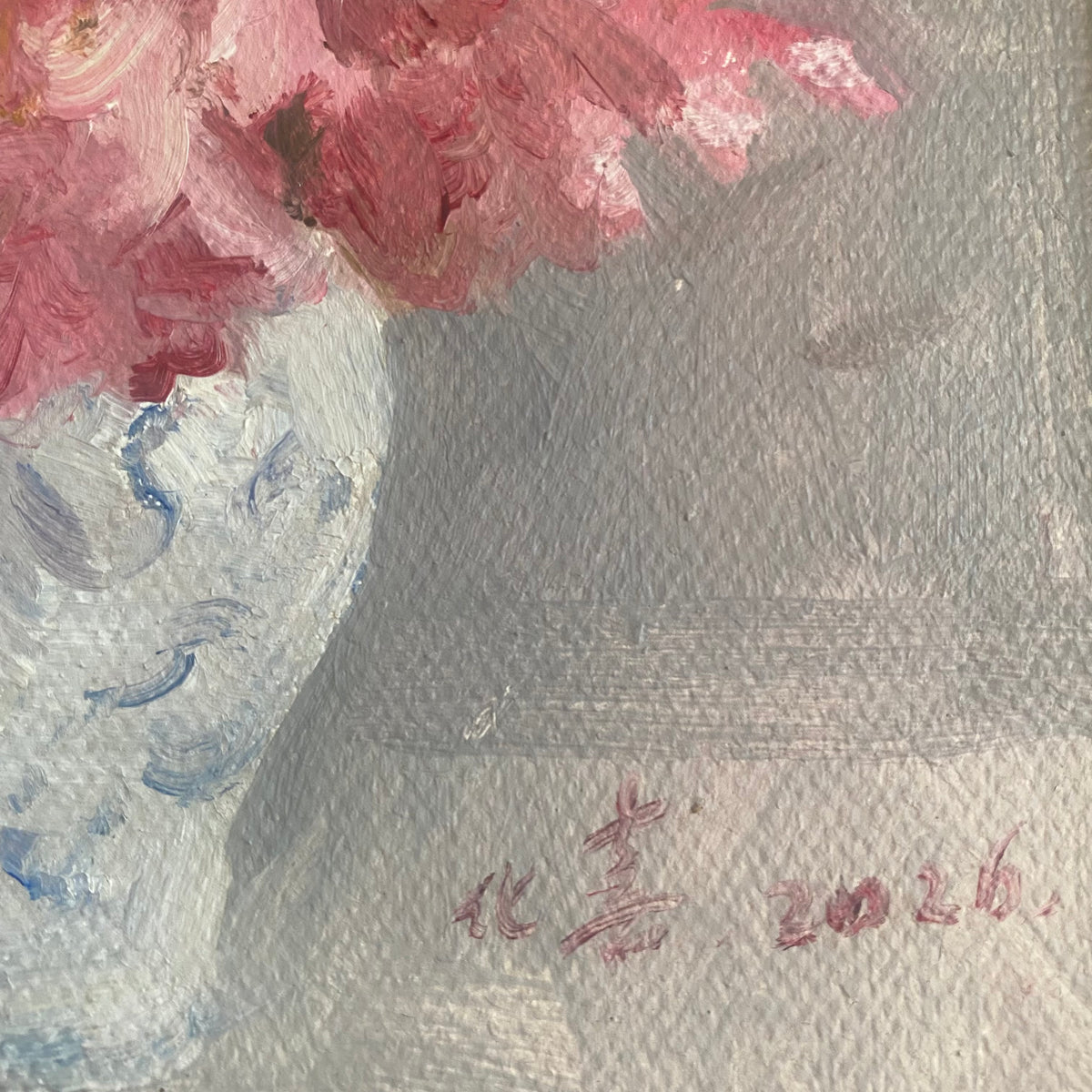 Pink Flowers in a Blue Vase – Original Flower Oil Painting for Home Decor