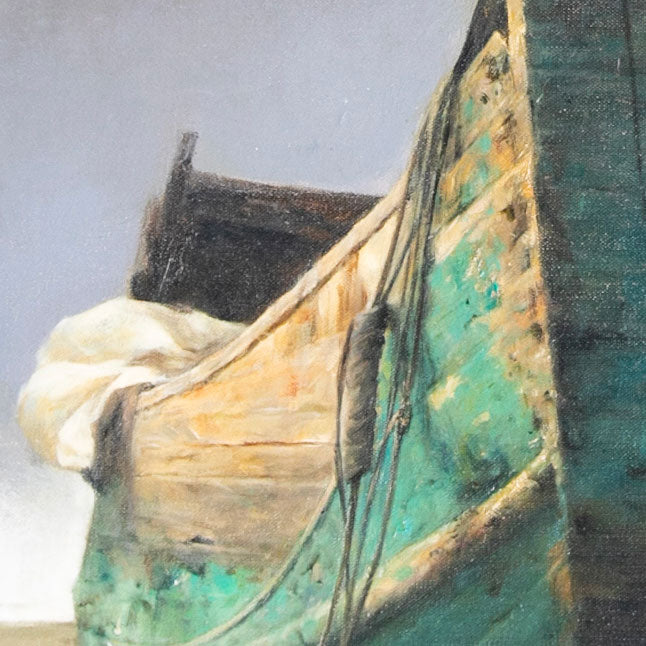 Original Oil Painting of Weathered Boat – Vertical Moody Coastal Wall Art