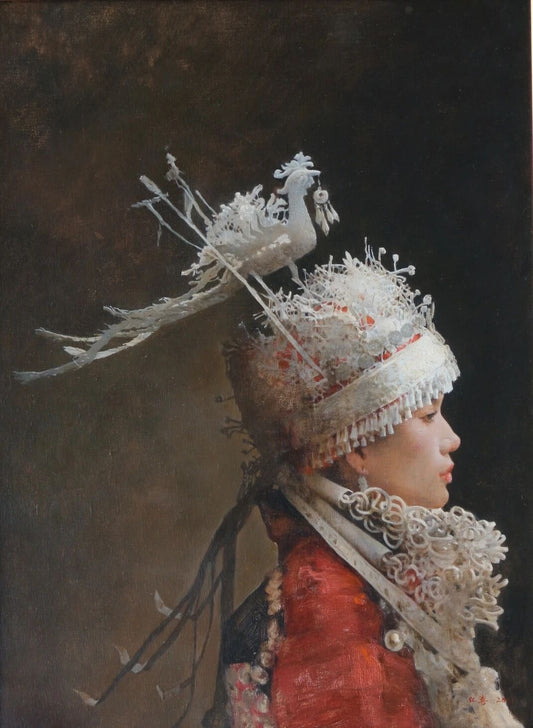 Profile of a Miao Woman with Silver Headdress Original Oil Portrait Painting on Canvas