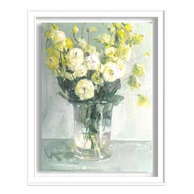 Original White Rose Still Life Oil Painting – Floral Vase Wall Art