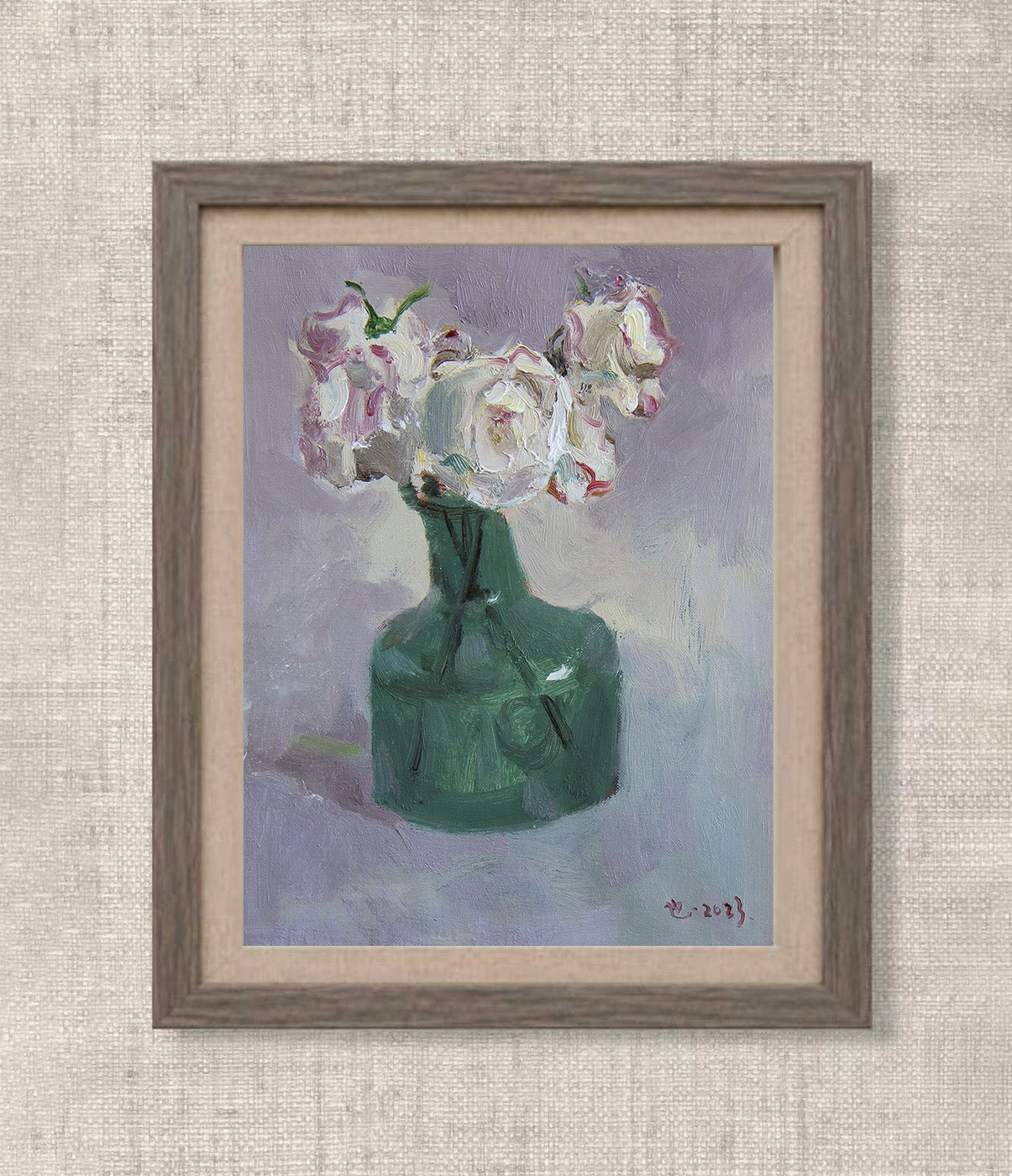 Modern Still Life Oil Painting – White Flowers in Green Glass Vase