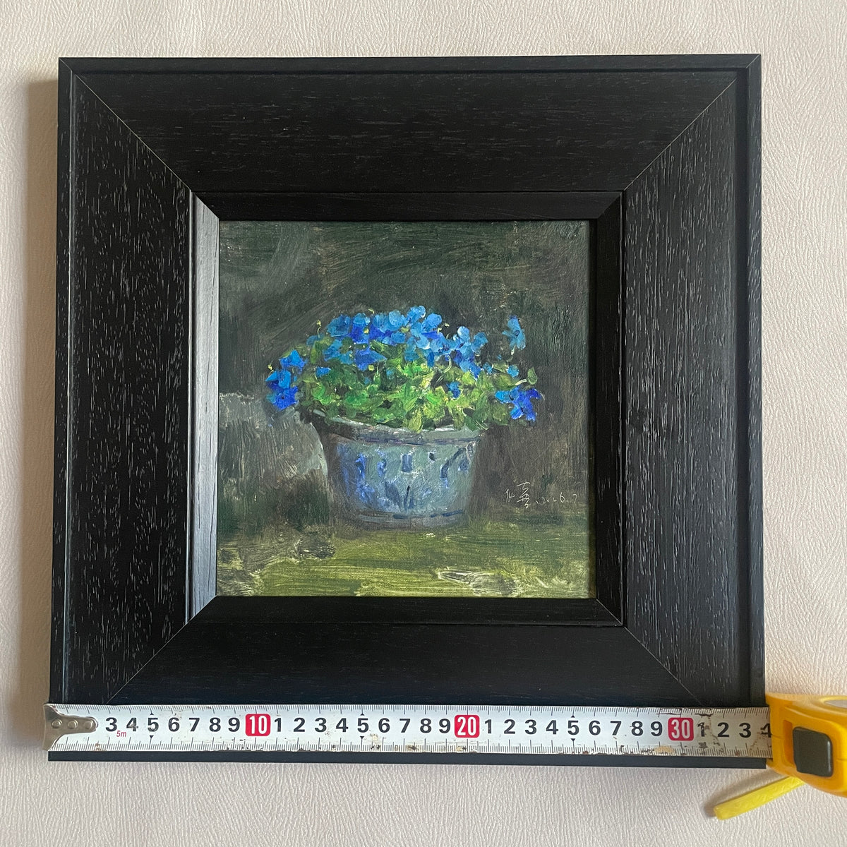 Blue Flowers in a Ceramic Pot – Original Floral Oil Painting