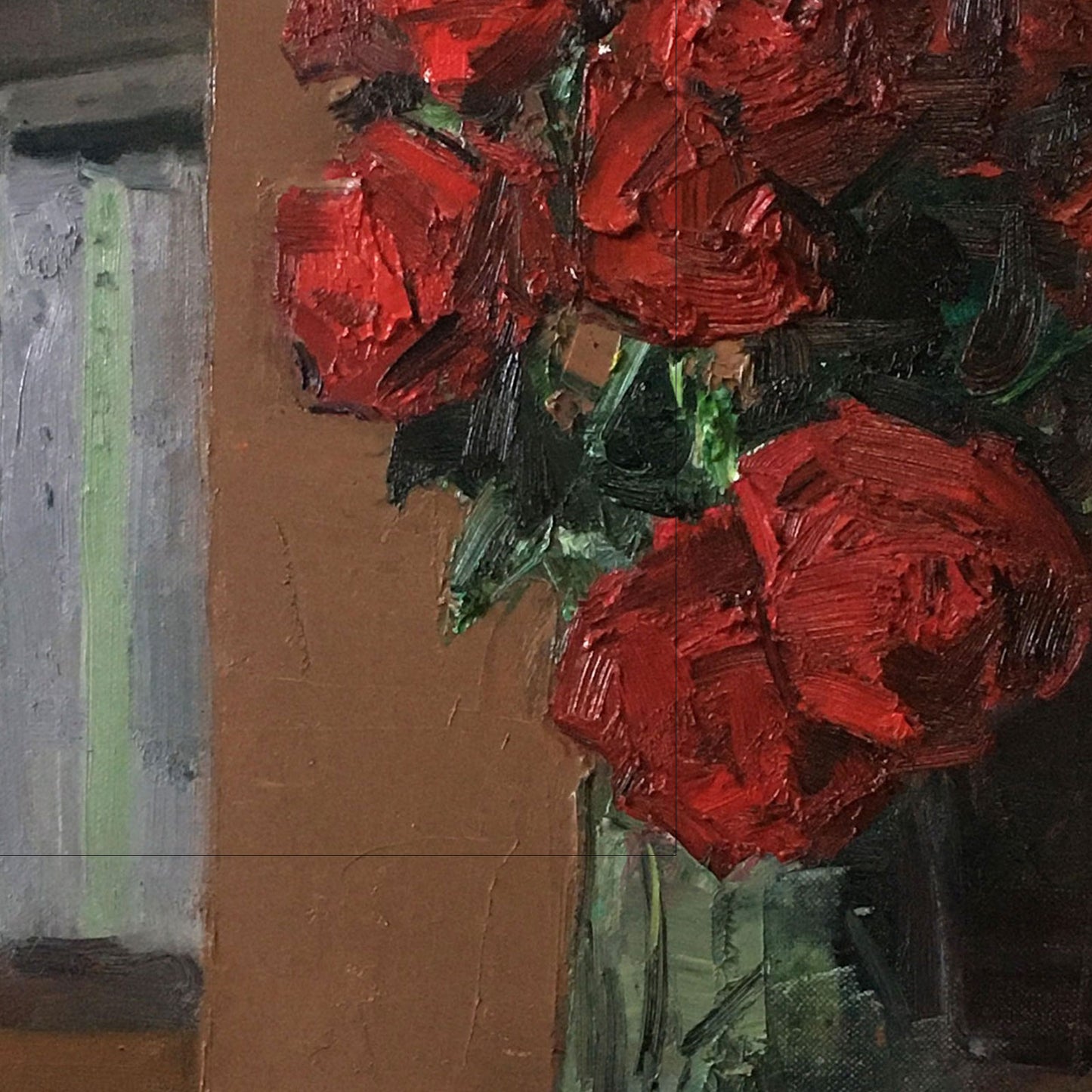 Red Roses in Glass Vase Original Oil Painting on Canvas, Framed Still Life Floral Artwork (40 × 50 cm)
