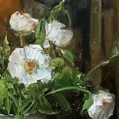 Original Floral Still Life Oil Painting – White Flowers and Bookshelf Interior Art
