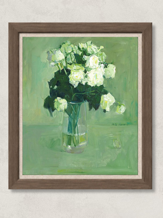 White Roses on Green Ground | Original Oil Painting