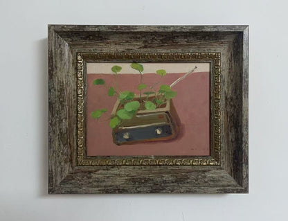 Green Plant Oil Painting (Framed) – Original Botanical Desk Art