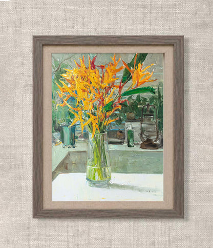 Tropical Flowers Still Life | Bird of Paradise in Glass Vase | Original Oil Painting