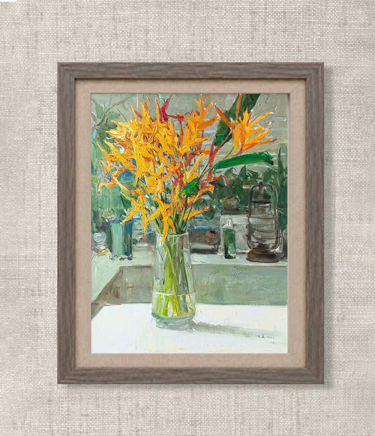Tropical Flowers Still Life | Bird of Paradise in Glass Vase | Original Oil Painting