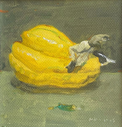 Close-up detail of the yellow squash still life painting, highlighting layered oil textures, soft tonal blending, and expressive brushwork that reveal the handmade quality of the artwork.