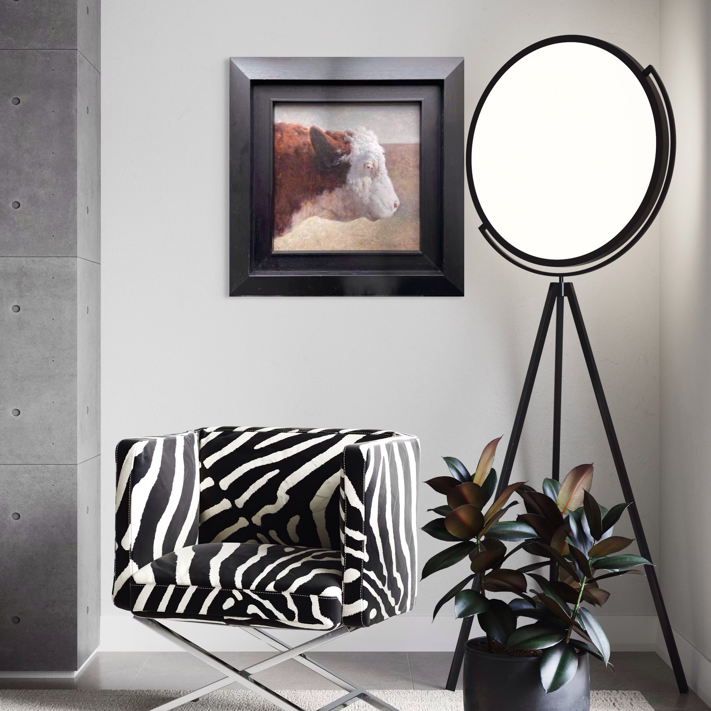 A framed animal portrait oil painting styled within a modern contemporary interior featuring monochrome decor and sculptural furniture, creating a refined focal point with rustic warmth.
