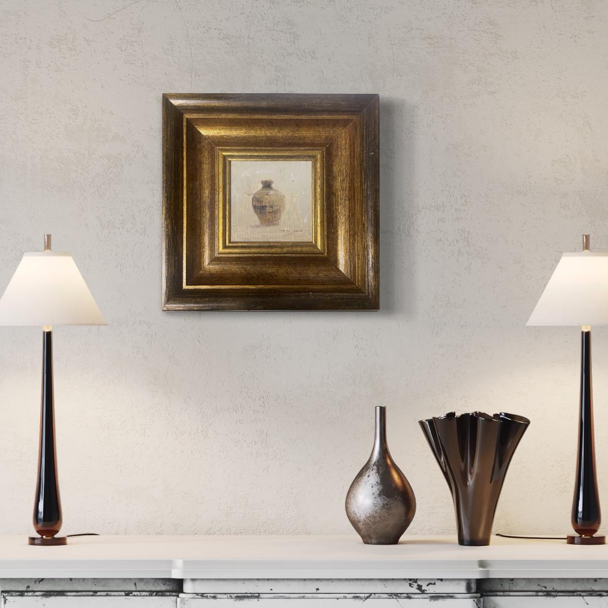 Original vase oil painting in a rich antique gold frame displayed in an elegant contemporary interior with sculptural decor and warm lighting.