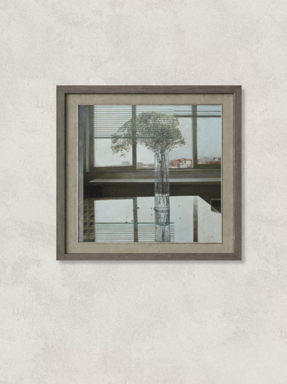 Original oil painting featuring delicate Baby’s Breath flowers arranged in a tall glass vase set against a window and table. Painted by Hua Xi Yang with soft natural light and contemporary still life composition.