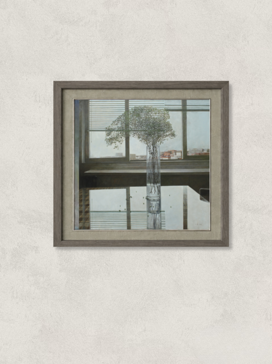 Original oil painting featuring delicate Baby’s Breath flowers arranged in a tall glass vase set against a window and table. Painted by Hua Xi Yang with soft natural light and contemporary still life composition.