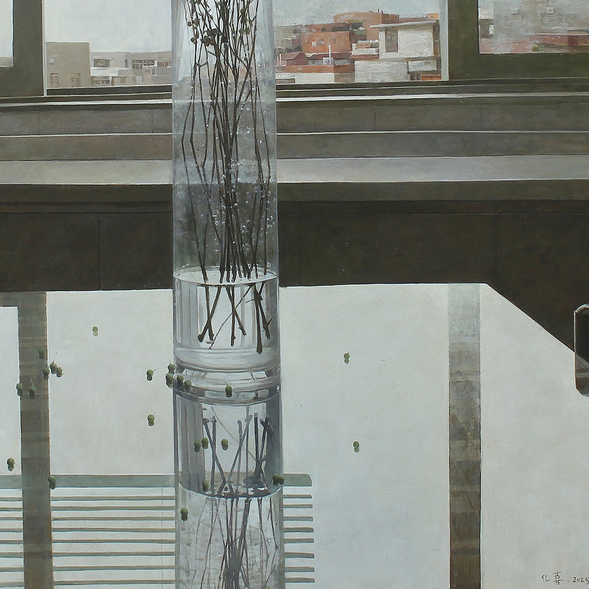 Close-up of the full flower arrangement in the vase, showing natural light, table surface, and spatial depth in a contemporary still life.