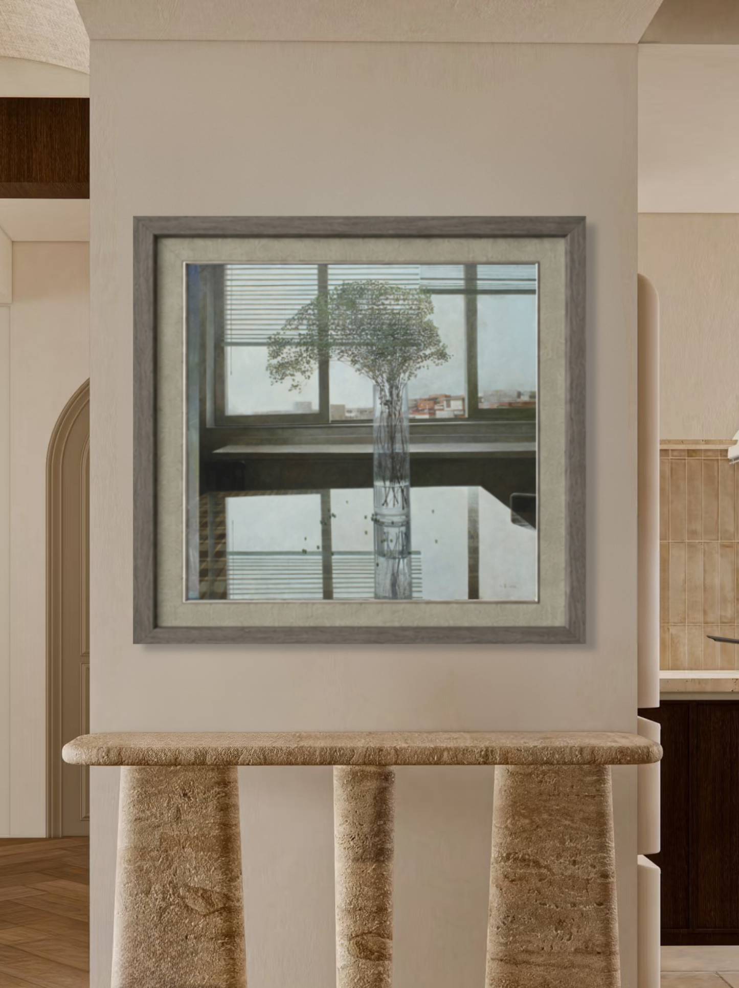 Framed oil painting of Baby’s Breath flowers displayed near a window in a calm contemporary interior, creating a clean and airy focal point.