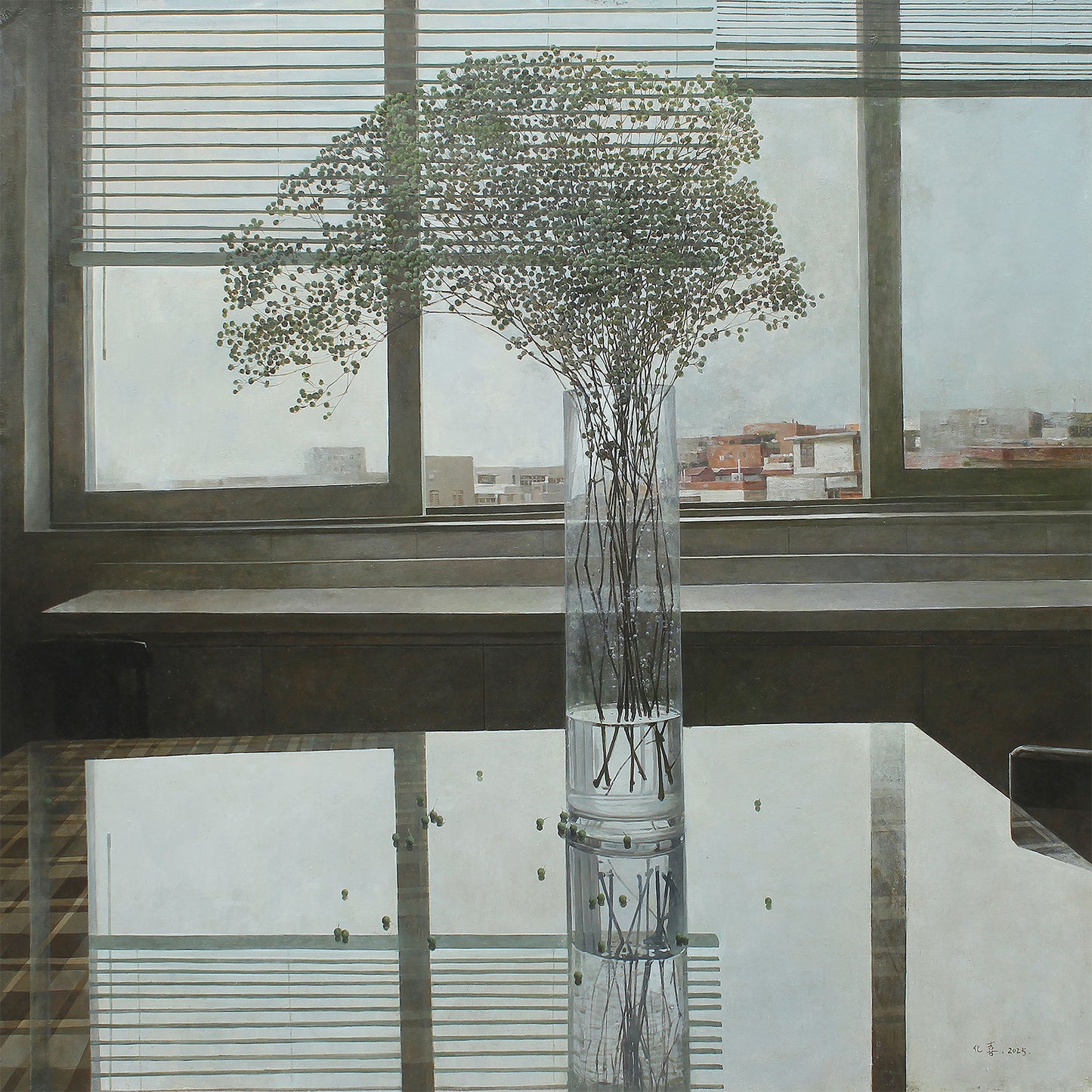 Detail showing the interaction of Baby’s Breath flowers with the window background, soft shadows, and clean interior lines.