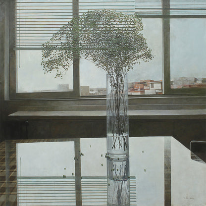 Detail showing the interaction of Baby’s Breath flowers with the window background, soft shadows, and clean interior lines.