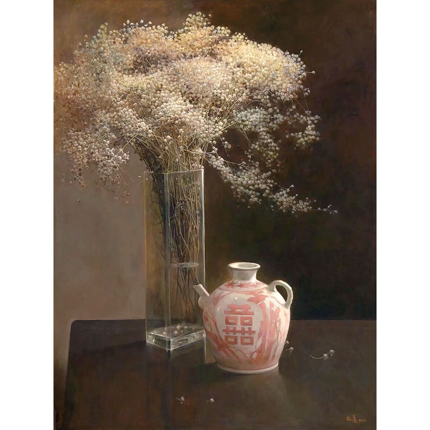 Detailed view of baby's breath flowers arranged beside a Chinese porcelain vase, revealing depth, transparency, and a quiet contemplative atmosphere.