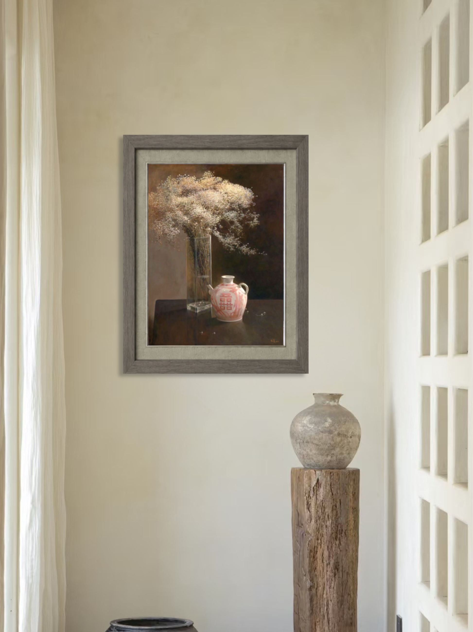 Framed original oil painting displayed in a calm interior setting, bringing soft floral textures, cultural character, and atmospheric depth to the space.