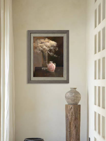 Framed original oil painting displayed in a calm interior setting, bringing soft floral textures, cultural character, and atmospheric depth to the space.