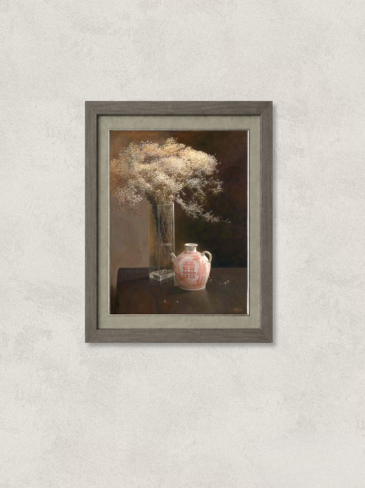 Original oil painting featuring delicate baby's breath flowers arranged beside a traditional Chinese porcelain vase with a double happiness motif. Painted by Hua Xi Yang with dramatic light and rich atmospheric tones.