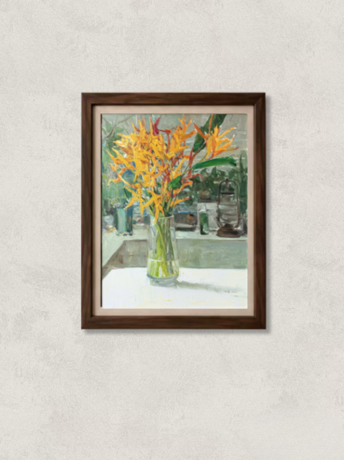 Original oil painting featuring vibrant Bird of Paradise flowers arranged in a clear glass vase. Painted by Hua Xi Yang with expressive brushwork, rich color contrasts, and a contemporary floral still life atmosphere.