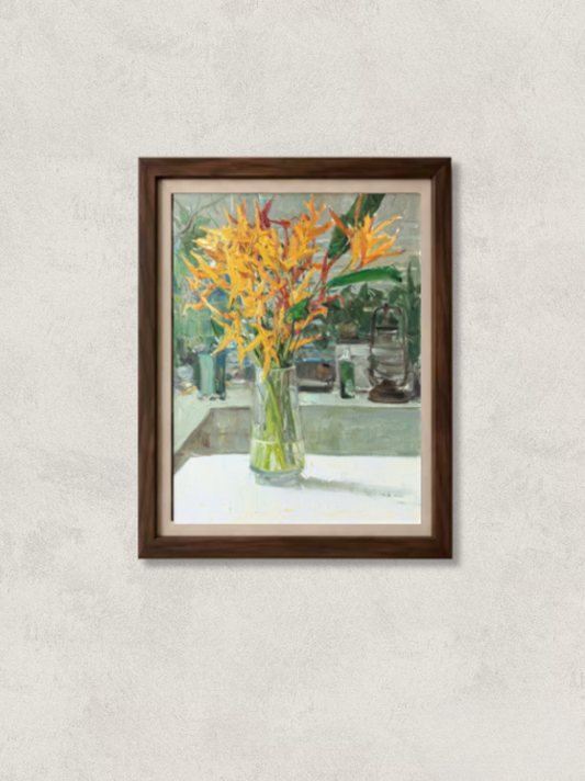 Original oil painting featuring vibrant Bird of Paradise flowers arranged in a clear glass vase. Painted by Hua Xi Yang with expressive brushwork, rich color contrasts, and a contemporary floral still life atmosphere.