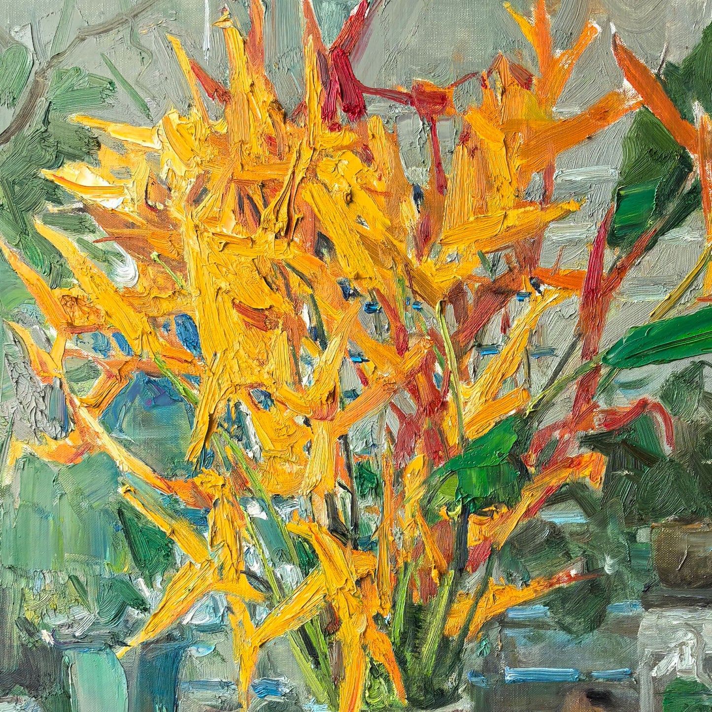 Close-up detail of Bird of Paradise flowers, highlighting vivid orange petals, dynamic shapes, and energetic brushwork.