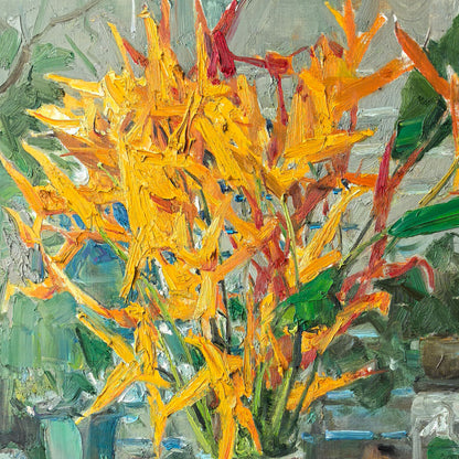 Close-up detail of Bird of Paradise flowers, highlighting vivid orange petals, dynamic shapes, and energetic brushwork.
