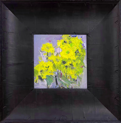 Original floral oil painting in a deep black frame styled as wall art for contemporary and modern home interiors