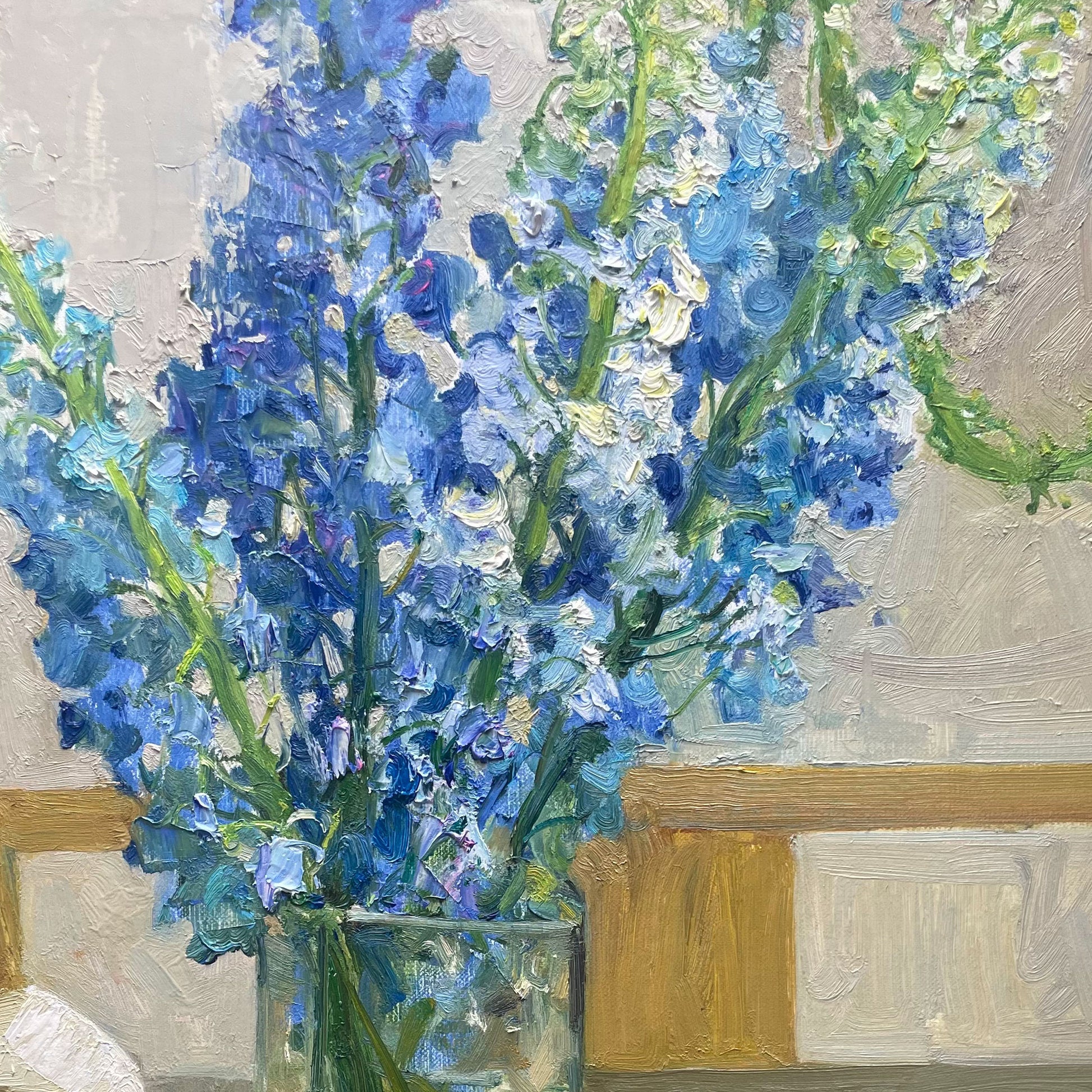 Close-up detail of blue delphinium flowers, highlighting layered blossoms, vertical movement, and expressive brushwork.