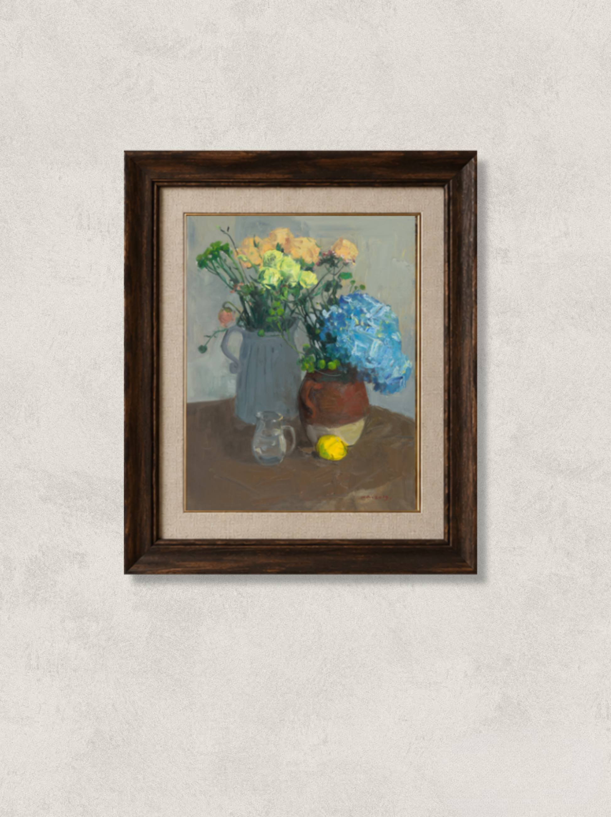 Original oil painting featuring blue hydrangea, yellow roses, ceramic vessels, a glass cup, and a lemon arranged on a tabletop. Painted by Hua Xi Yang with rich color contrasts and expressive brushwork.