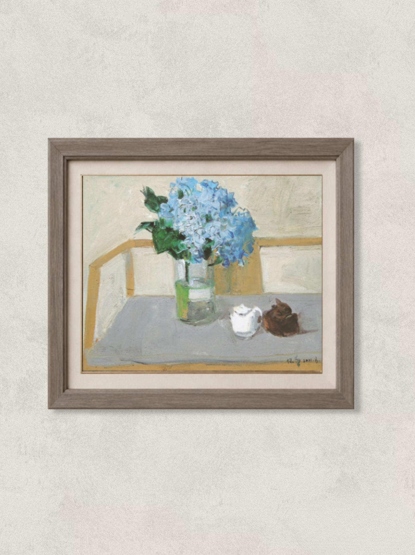 Original oil painting featuring a blue hydrangea arranged in a clear glass vase beside a small white vessel and natural decorative object. Painted by Hua Xi Yang with soft neutral tones and a calm contemporary still life atmosphere.