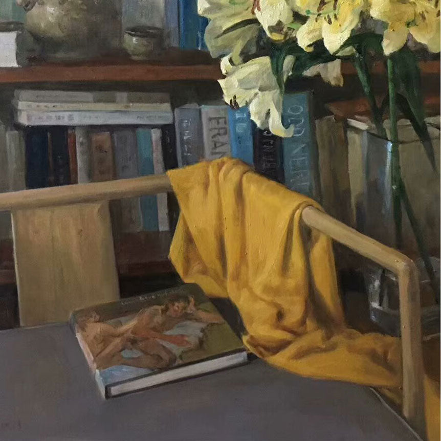 Close-up of books, wooden furniture, and decorative cloth, showing nuanced brushwork and interior ambiance.
