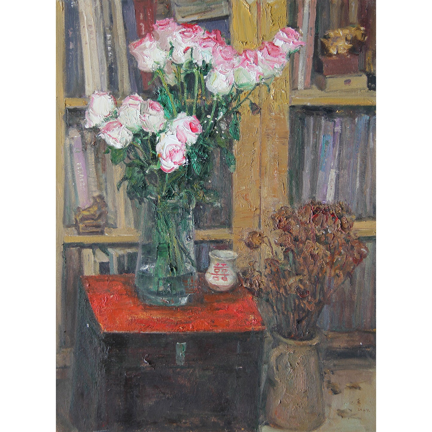 Detail of flowers, books, and decorative objects arranged within a warm interior setting, revealing the layered composition and narrative character of the painting.