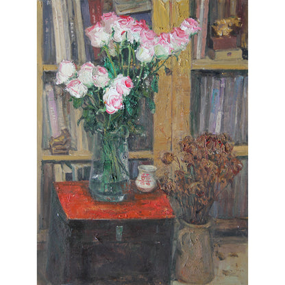 Detail of flowers, books, and decorative objects arranged within a warm interior setting, revealing the layered composition and narrative character of the painting.