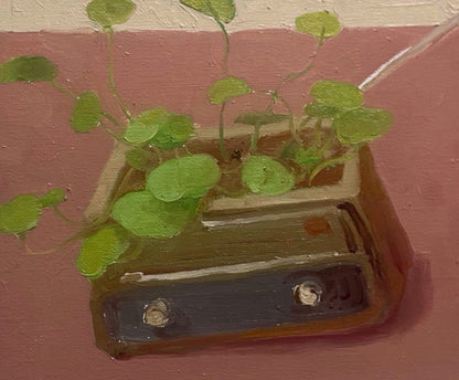 Close-up composition of the green plant and ceramic pot, emphasizing the balance of form, color, and texture within the painting.