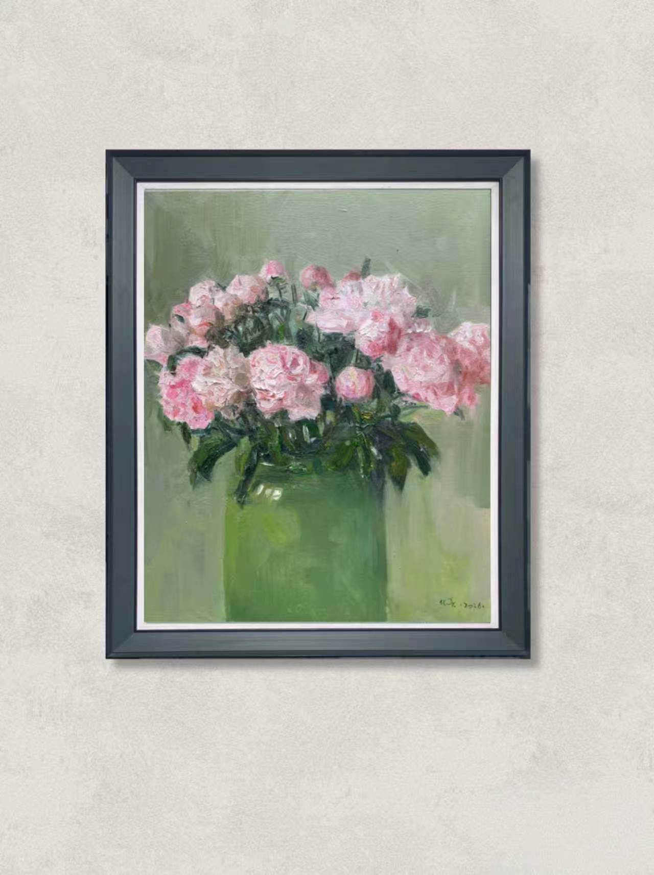 Original floral oil painting featuring pink peonies arranged in a green vase. Painted by Hua Xi Yang with delicate brushwork and subtle tonal transitions on a soft green background.