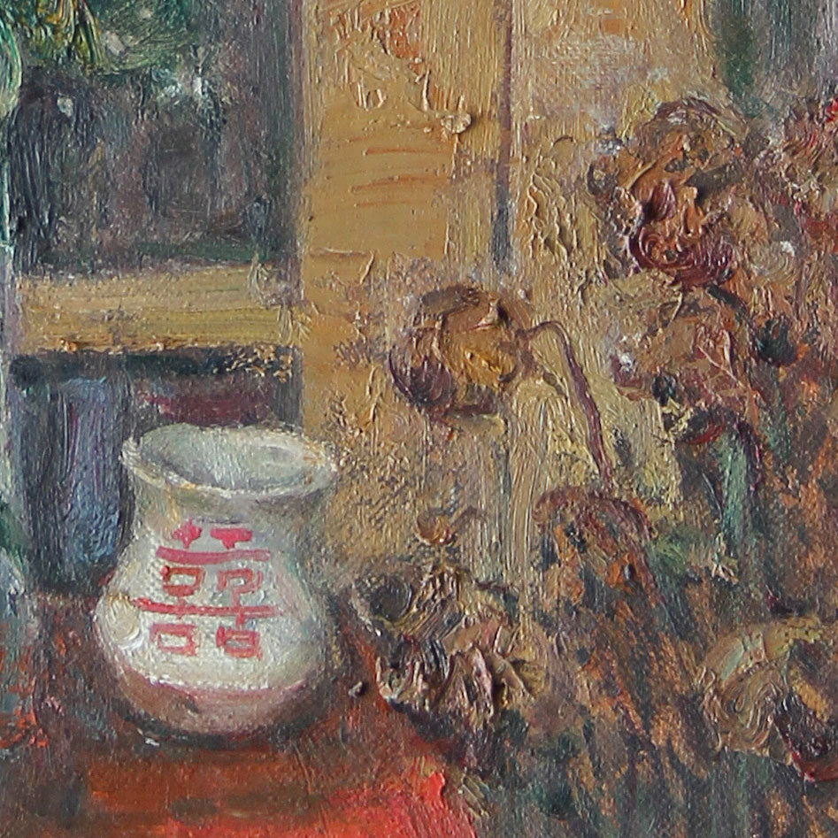 Detailed view of a ceramic jar and natural decorative objects, emphasizing texture, earthy colors, and the quiet atmosphere of the interior composition.