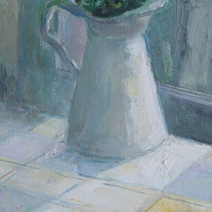Detail of a ceramic pitcher and glass container, showing texture, reflections, and subtle color contrasts in the interior composition.